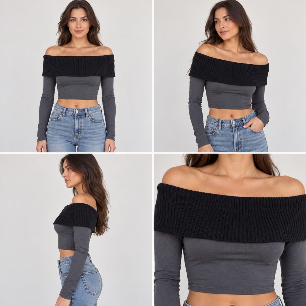 Edikted Crop Top Womens Small Gray Black Off Shoulder Ribbed Foldover Long